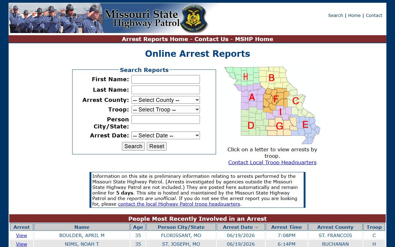 Holt County inmate records MSHP arrest report search fields